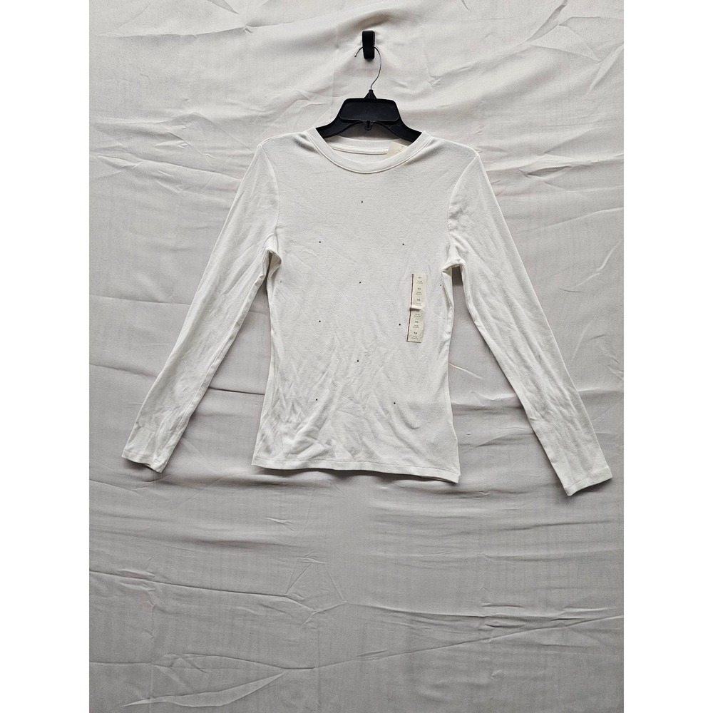 A New Day Womens Long Sleeve Ribbed Rhinestone Crewneck Top White XS NEW